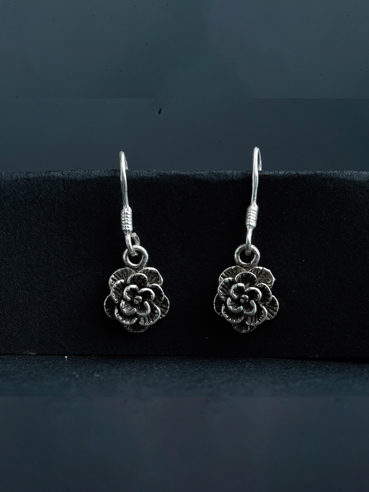 Silver oxidized rose earring